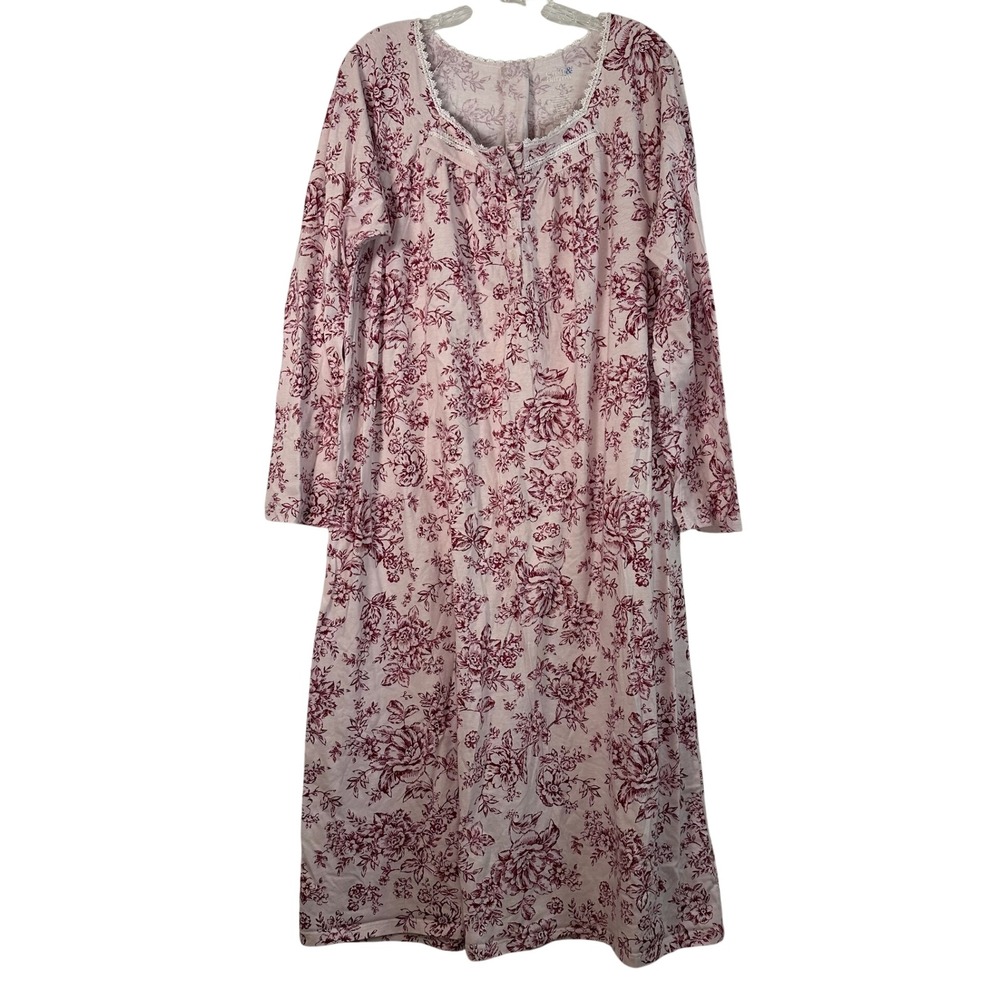 Croft & Barrow Intimates Floral Toile Lace Trim Long Sleeve Nightgown Pink XL